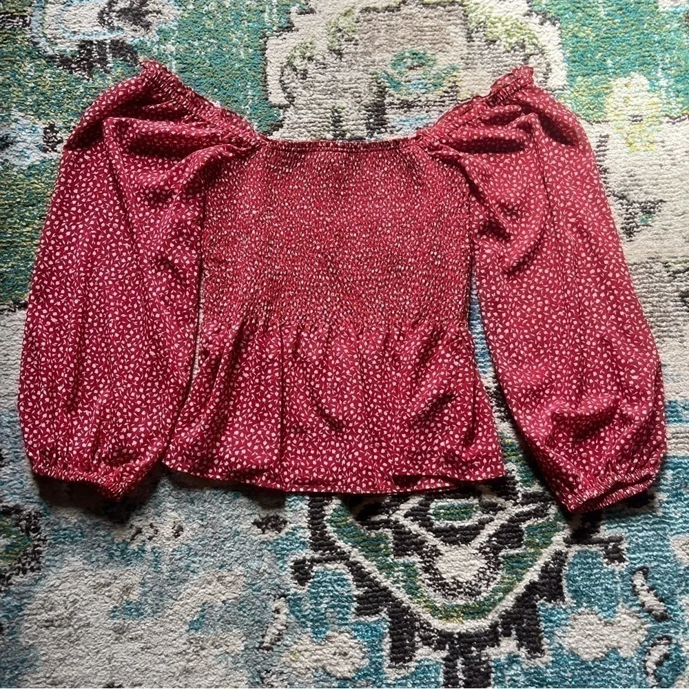 Red puff sleeves peasant floral Madewell blouse shirt
